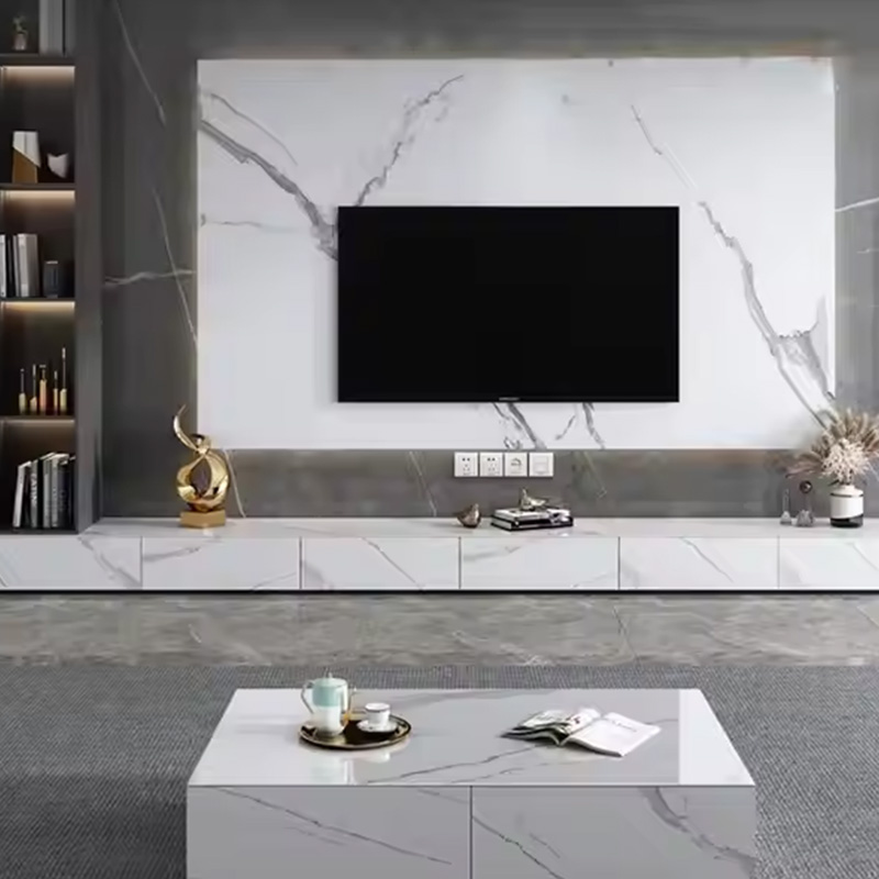 Luxury Calacatta White Artificial Stone Sintered Tile for Outdoor Countertop Living Room Background Wall With TV Stand Cabinet